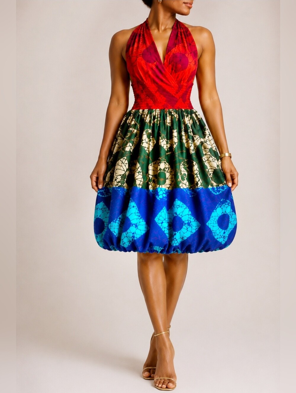 Colorblock African Print Backless Halter Bubble Dress